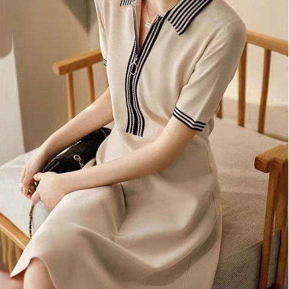 New Women Lady Cream White French Classic Polo collar knitted Dress Skirt - Picture 7 of 7